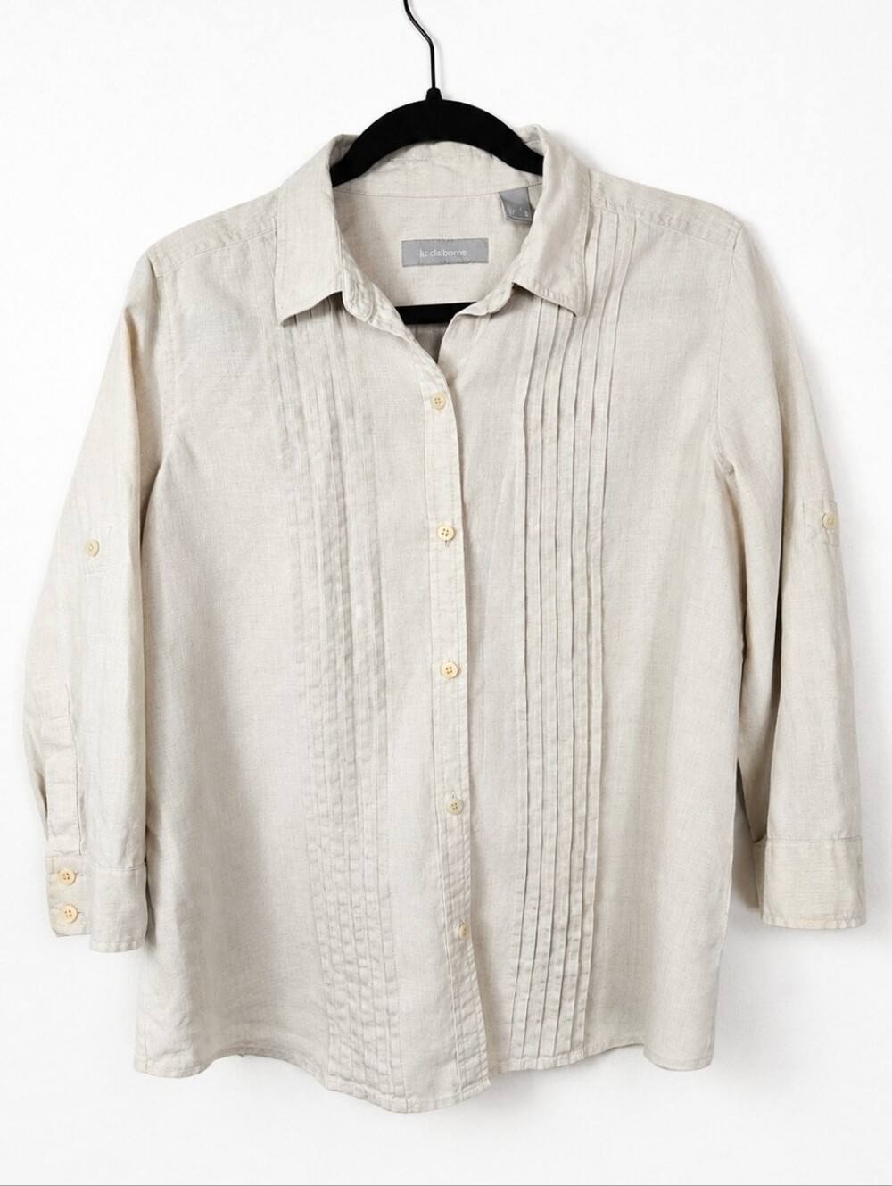 Liz Claiborne 100% Linen Pintuck Button Up Roll Tab Shirt Beige Large